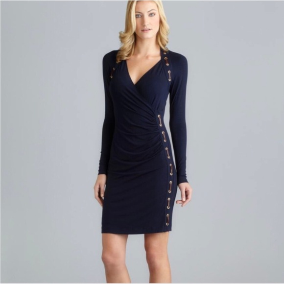 Carmen Marc Valvo Black Ruched Faux Wrap Dress - Picture 2 of 8
